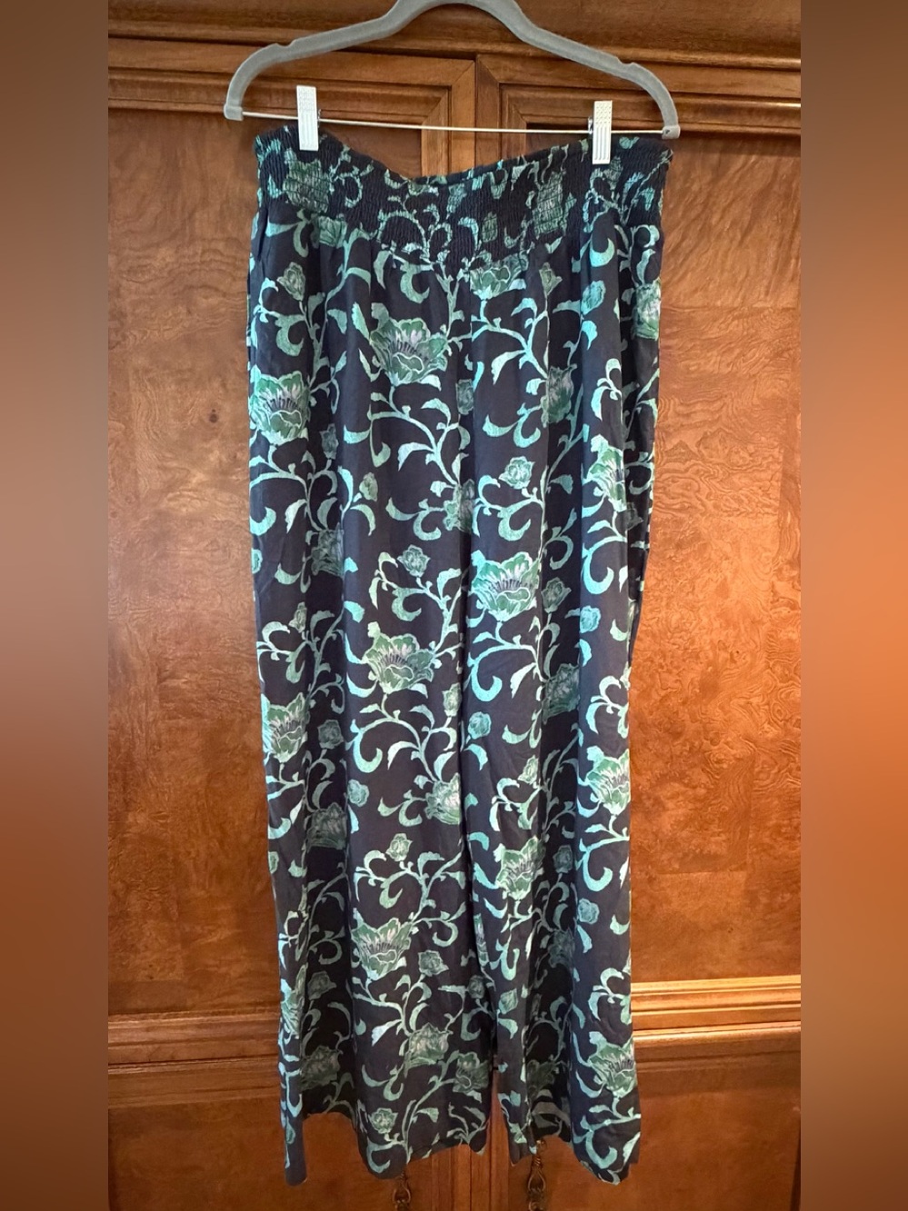 Women's Black Floral Pull On, wide leg pants with Teal Green Pattern